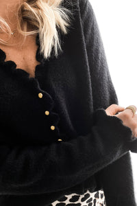 Black Frilled V Neckline Buttons Sweater Cardigan