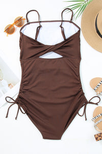 Coffee Ribbed Drawstring Sides Cutout One Piece Swimsuit