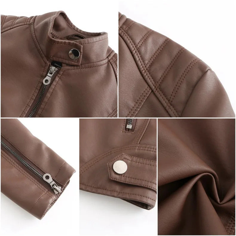 Spring / Autumn New Style Gules Leather Jacket Women's Fashionable Trim Motorcycle Women Coat Black Purple Brown S-4XL