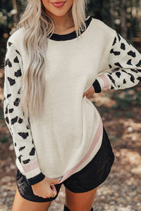 White Leopard Sleeves Contrast Neckline Drop Shoulder Sweater