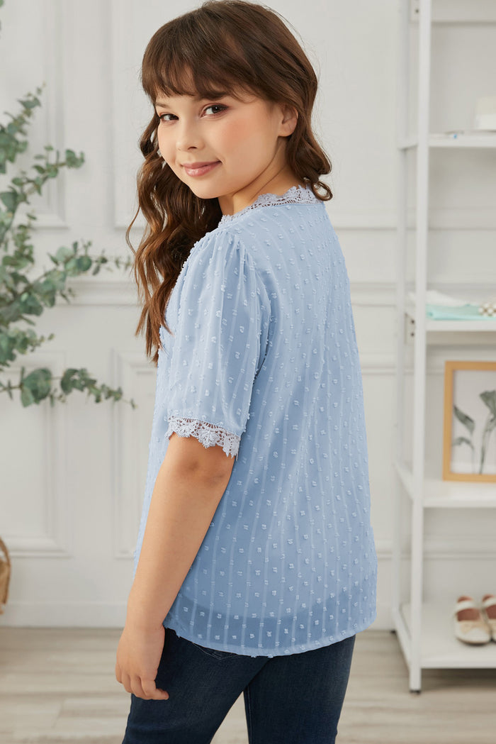 Sky Blue Swiss Dot Lace Short Sleeve Girls Top