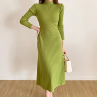 Autumn Winter 2023 Slim Long Sleeve Party Midi Dress for Women Knitted Half High Collar Elegant Knitted Sweater Dresses Ladies