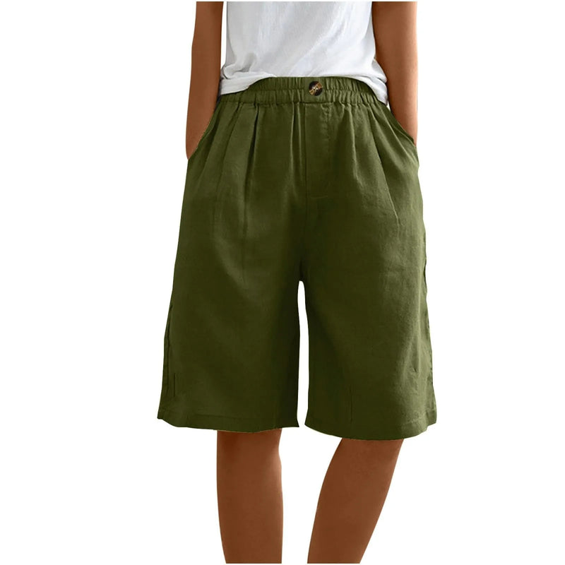 Women's Fashion Solid Color Pants Pocket Button Up Capris Loose Elastic Waist Cotton Linen Shorts