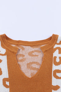 Orange Colorblock Leopard V Neck Sweater