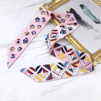 2024 Spring Border New Geometric Diamond Small Flowers Women's Decorative Small Silk Scarf Bundle Bag Handle Ribbon Small Scarf