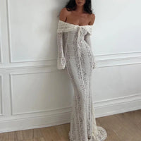 White Off Shoulder Lace Up Flare Long Sleeve Slim Maxi Dress Women Hollow Out Mermaid Floor Length Vestidos Female Elegant Robe