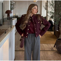 Elegant Women's Burgundy Cropped Jacket Female Stand Collar Single Breasted Full Sleeve Pocket Coat 2024 Autumn Lady Outwear New