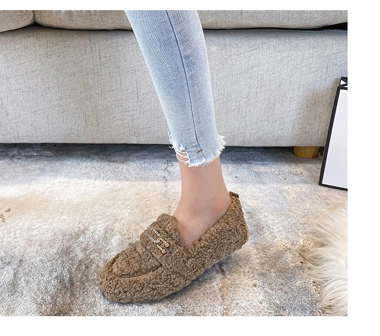 Luxury Sheep Fur Lined Loafers Women Lambswool Shoes Ladies Winter Slip On Furry Flats Cotton Wool Mocasine Femme Barefoot Boots