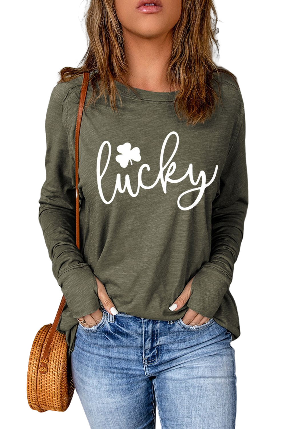 Green Lucky Clover Graphic Print Long Sleeve Tunic Top