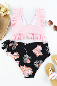 Black Ribbed Ruched Ruffle Top Printed Bikini Set