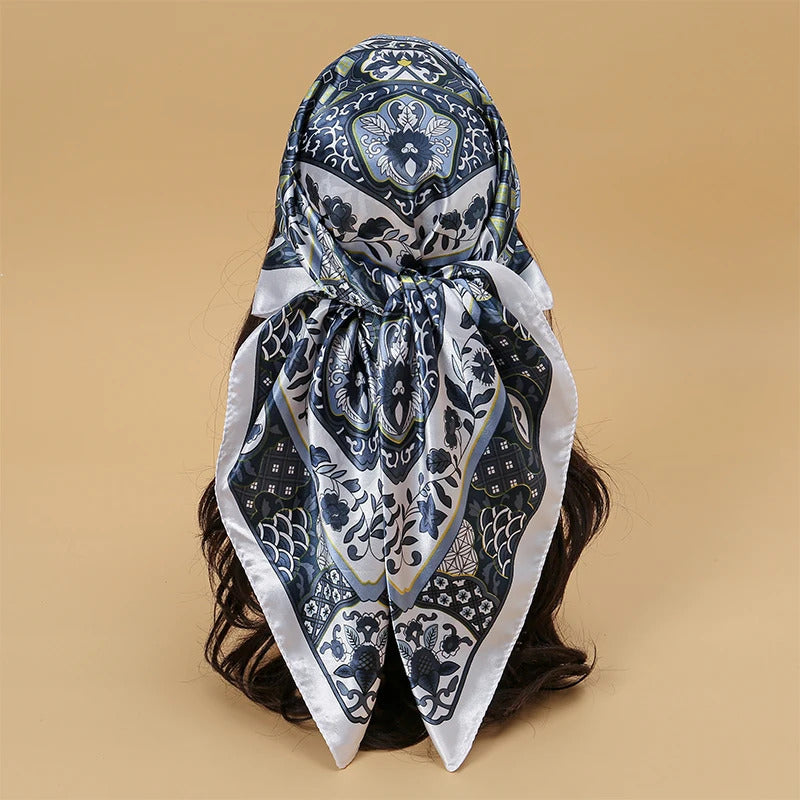 Satin Square Scarf Women Muslim Hijab Elegant 2023 Print Silk Neckerchief Shawl Wraps Headband Handle Hair Accessories Bandana