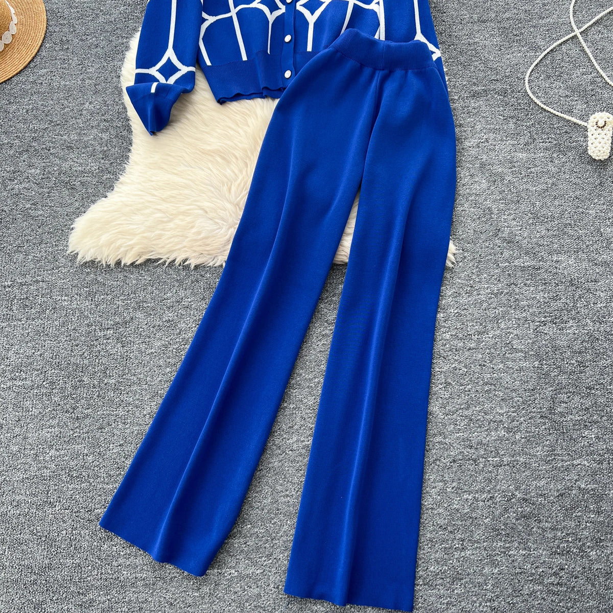 SINGREINY Basics Print Knit Two Pieces Sets Autumn Winter Single Breasted Cardigan+Wide Leg Long Pants Fashion Streetwear Suits