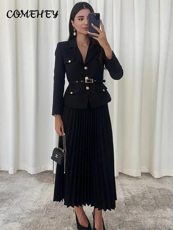 Elegant Women's Two Pieces Set Single-breasted Lapel Large Size Coat Belt Pleated Midi Skirt Suit 2025 Lady New In Matching Sets