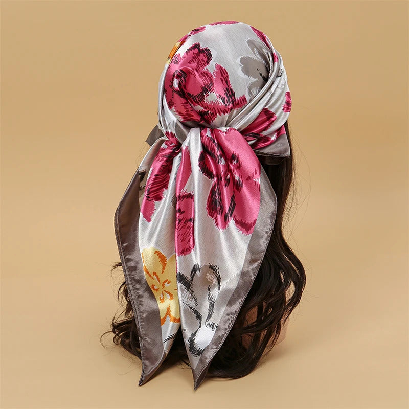 Satin Square Scarf Women Muslim Hijab Elegant 2023 Print Silk Neckerchief Shawl Wraps Headband Handle Hair Accessories Bandana