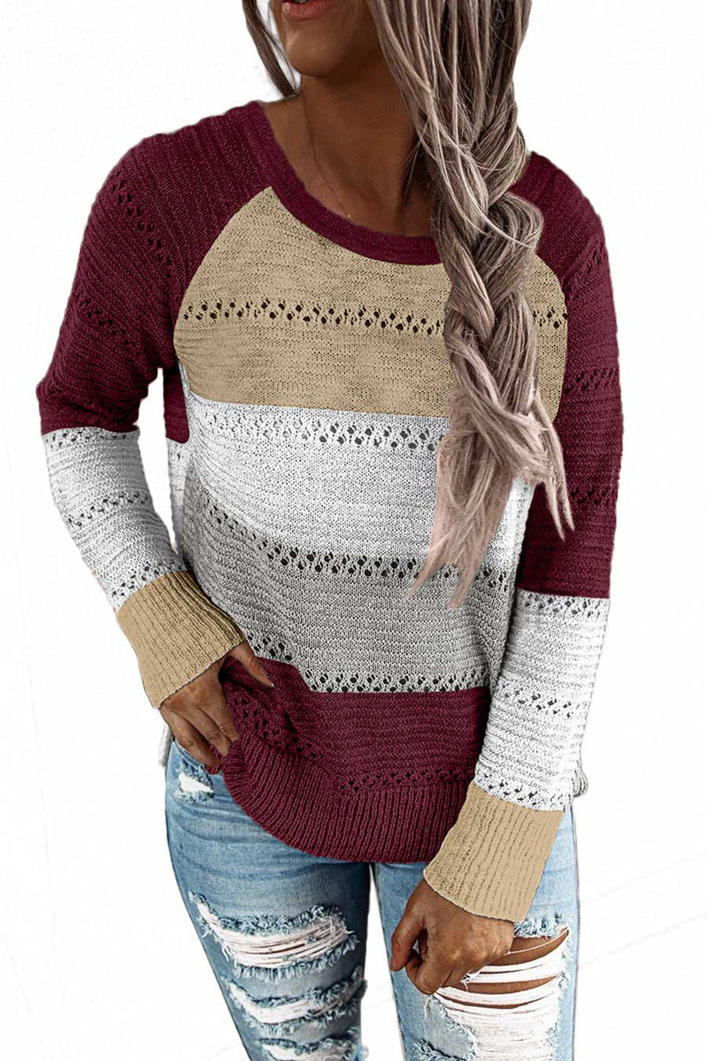 Wine Accent Knitted Color Block Long Sleeve Crew Neck Sweater