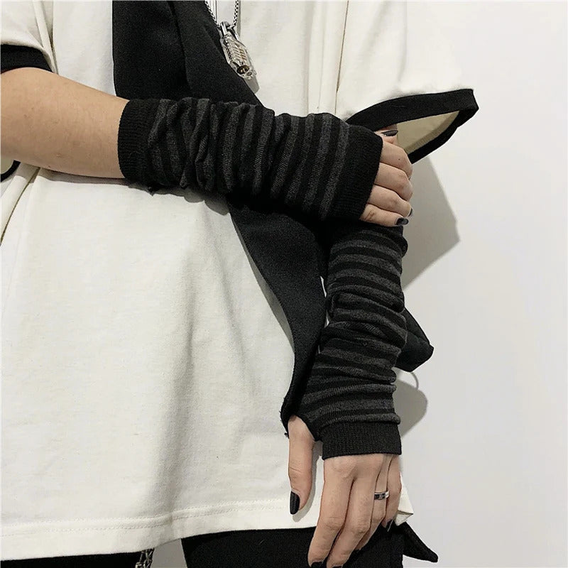 Punk Long Sleeves Fingerless Gloves Cuff for Women Men Stripe Hip-Hop Knitted Elbow Mittens Elastic Winter Arm Warmer Outdoor