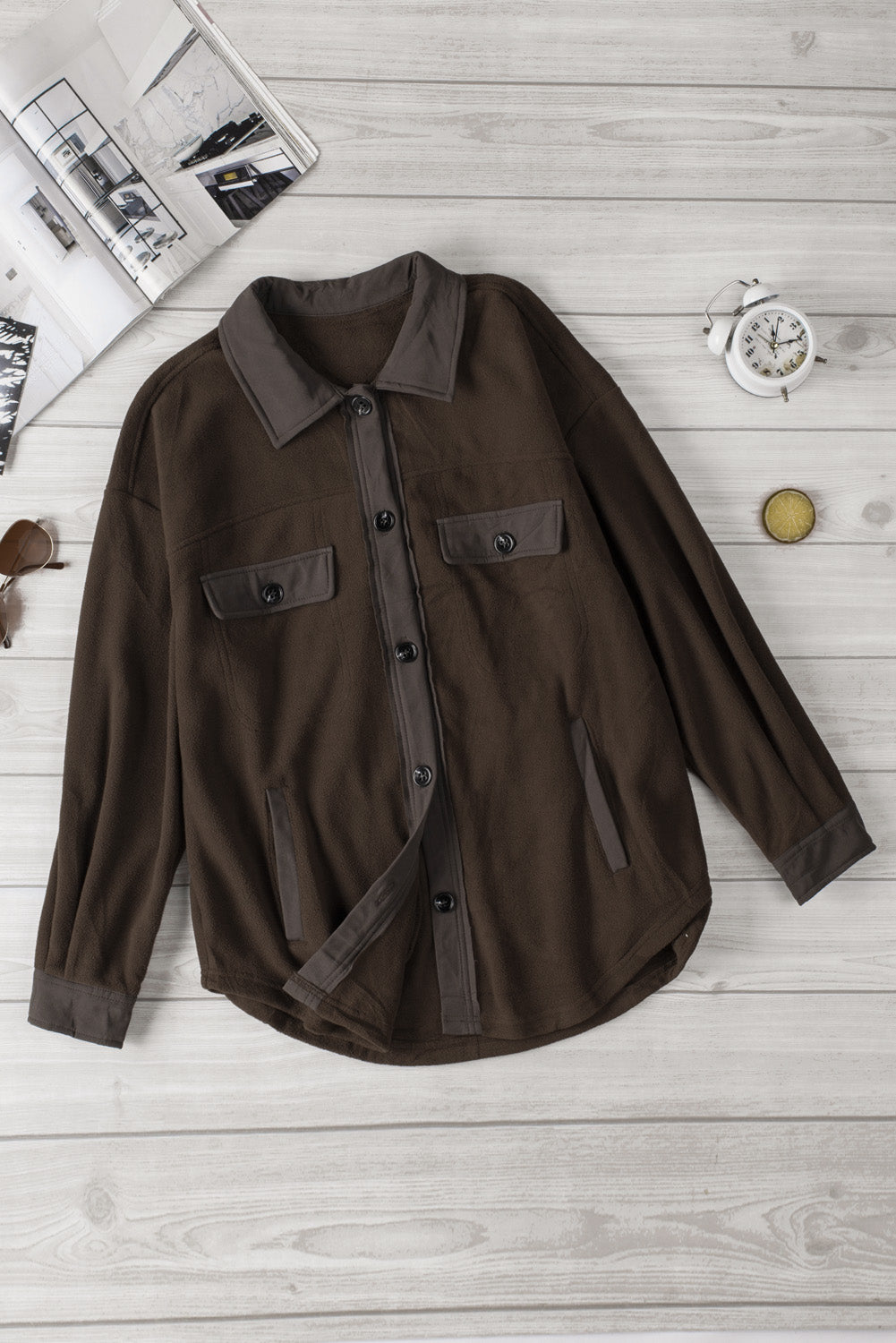 Gray Turn Down Collar Buttoned Shirt Jacket