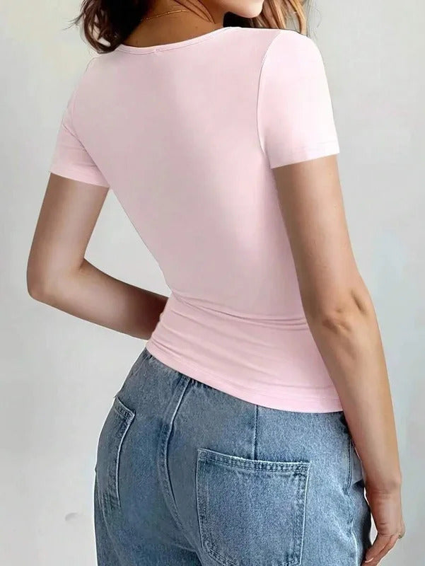 Womens Basic T-Shirts Scoop Neck Short Sleeve Crop Tops Cute Summer Tops Slim Fit Tees Y2k Clothing 2024