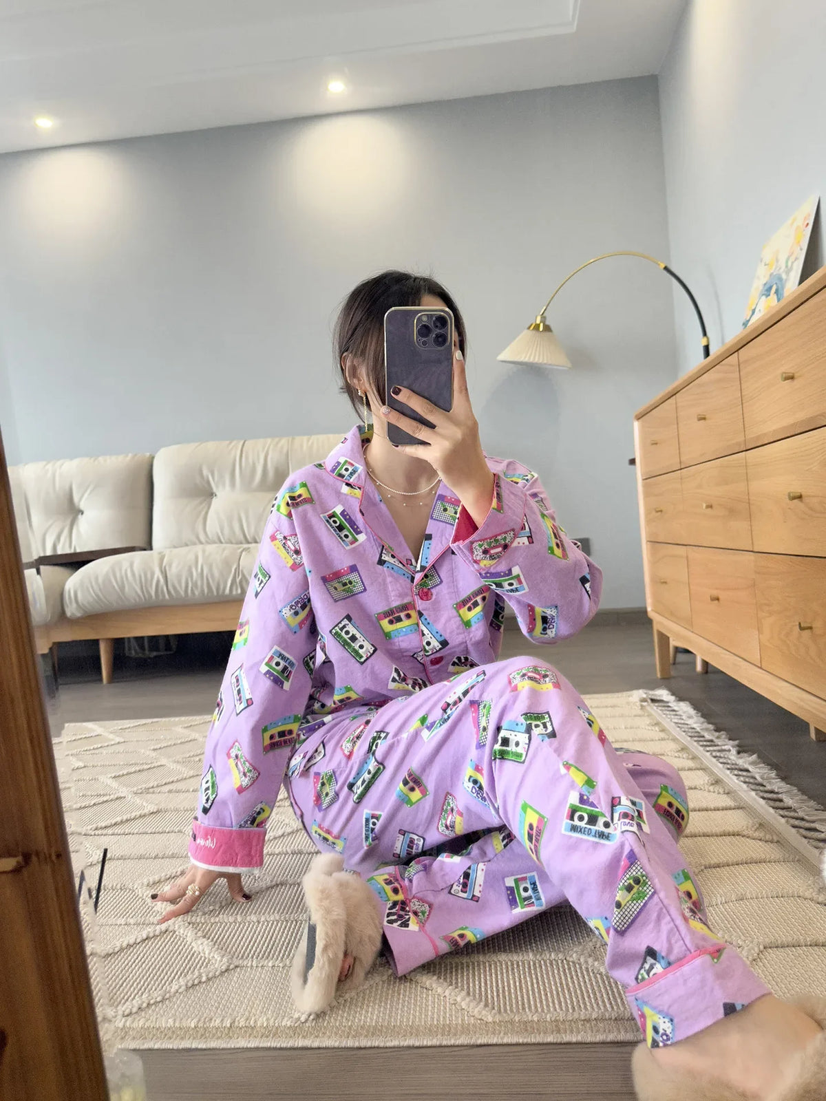 100% Cotton Pajamas for Women Loose Cartoon Long Sleeve Pants Loungewear Women 2 Piece Set Pj Women Outfit Sleepwear Set Pijamas