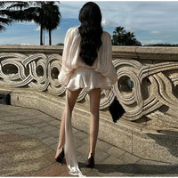 Ruffles Lace Up Women Dress Long Sleeve Pleated Female Mini Dresses 2025 Elegant Spring Summer Street V Neck Loose Lady Robe