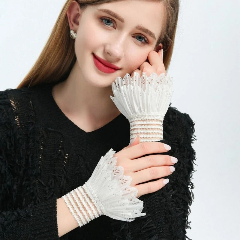 Female Sweater Fake Sleeves Hollow Out Crochet Floral Lace Horn Cuffs Embroidery Flounces Ruffles Elastic Wrist Warmers