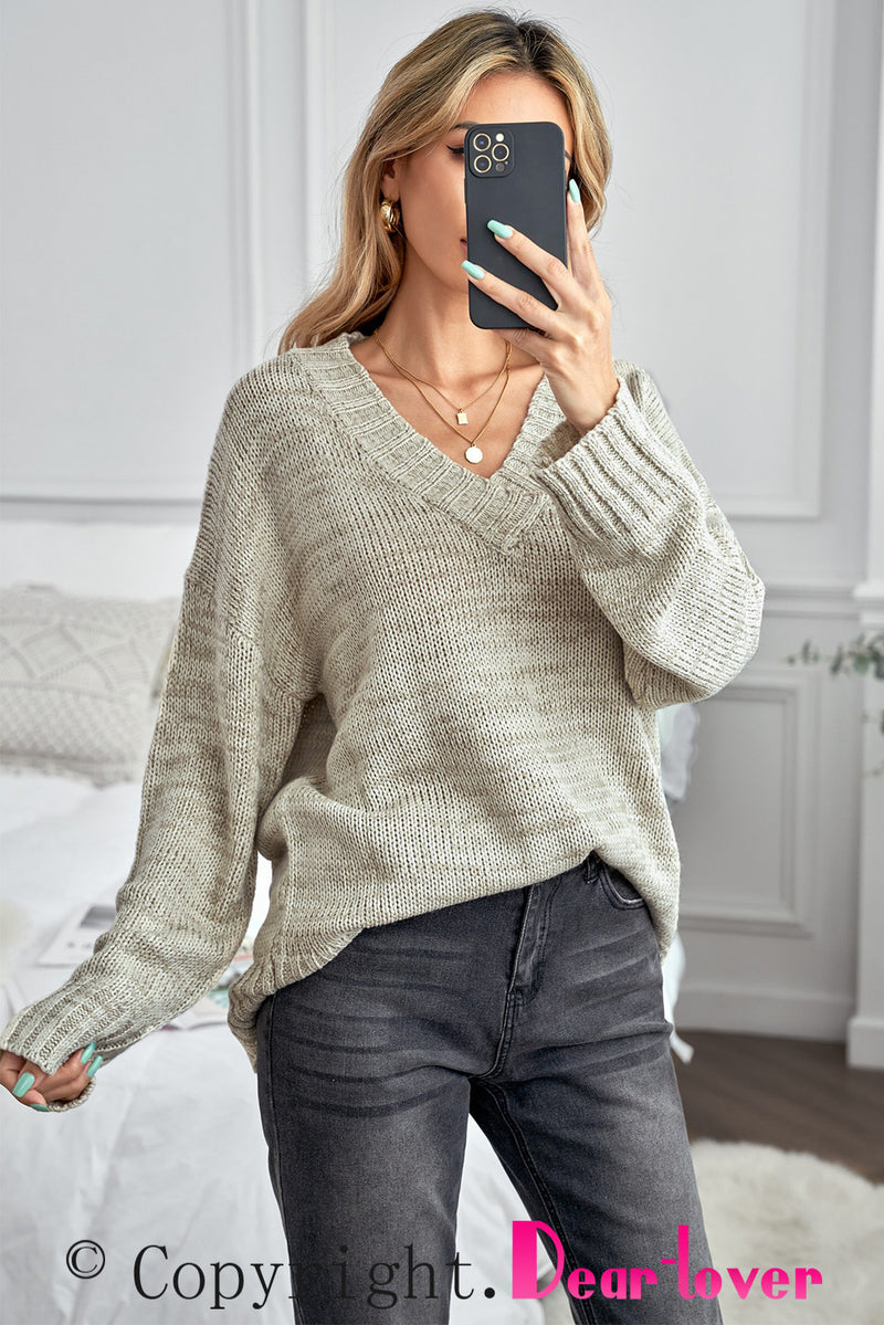 Khaki V neck Drop Shoulder Knitted Sweater