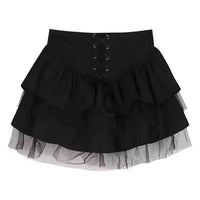 Women's Summer Y2k Multi-Layered Mesh Cake Skirt High Waisted Mesh Lace Patchwork Lace Up JK Skirt Fluffy Cake Skirt Black