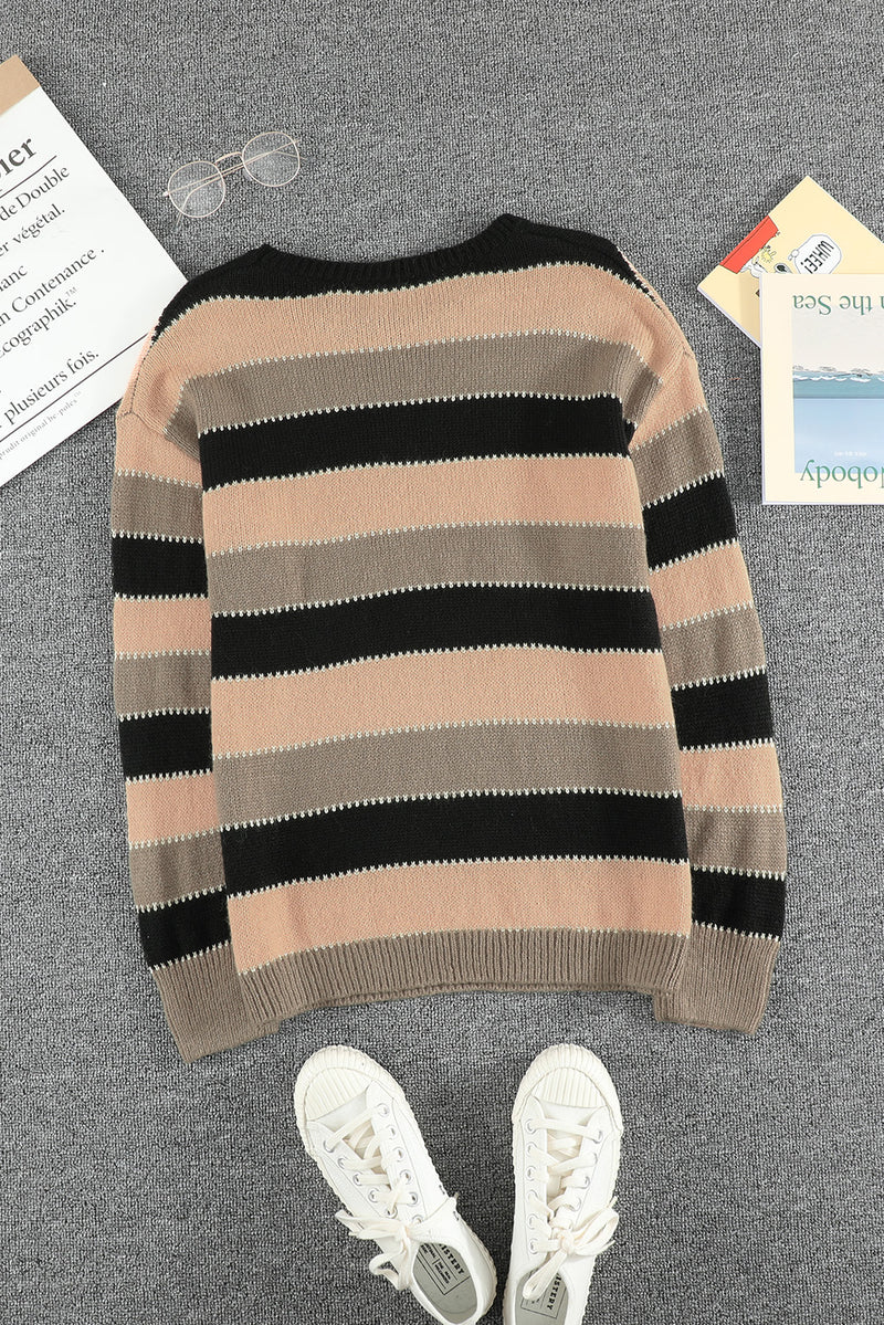 Brown Drop-Shoulder Sleeve Striped Patchwork Pullover Sweater