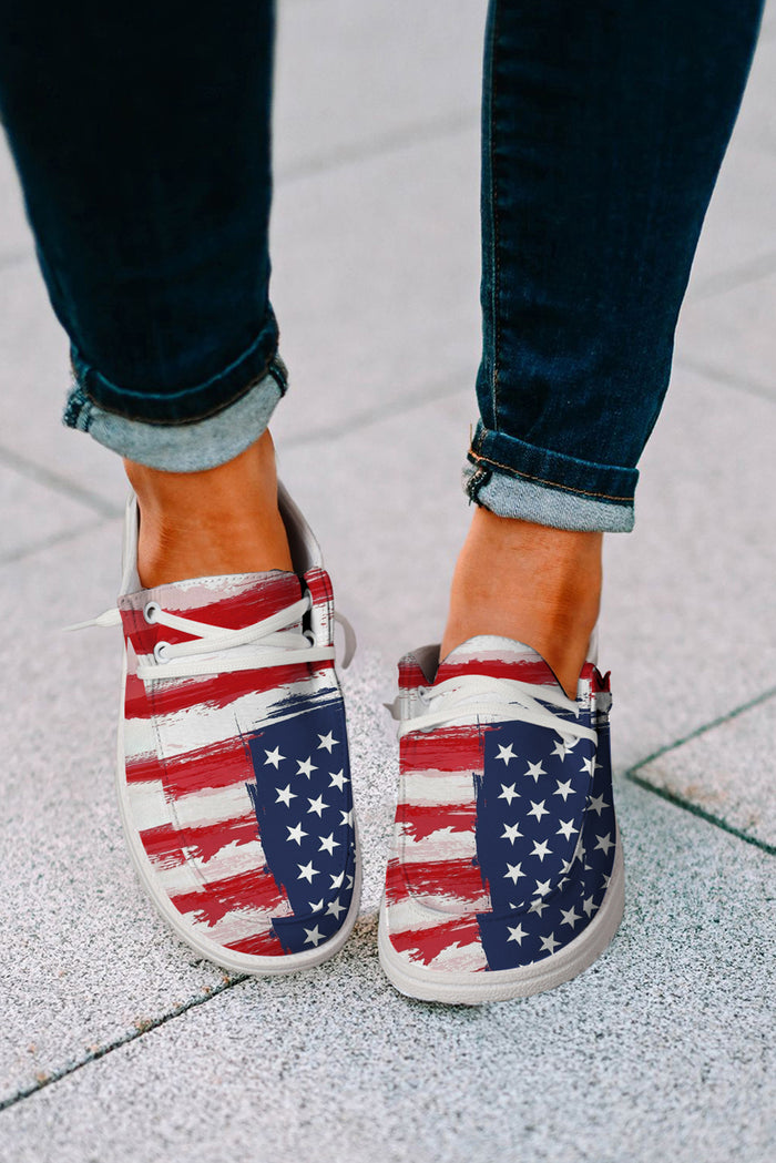 Red Fourth of July Flag Pattern Lace-up Flat Shoes