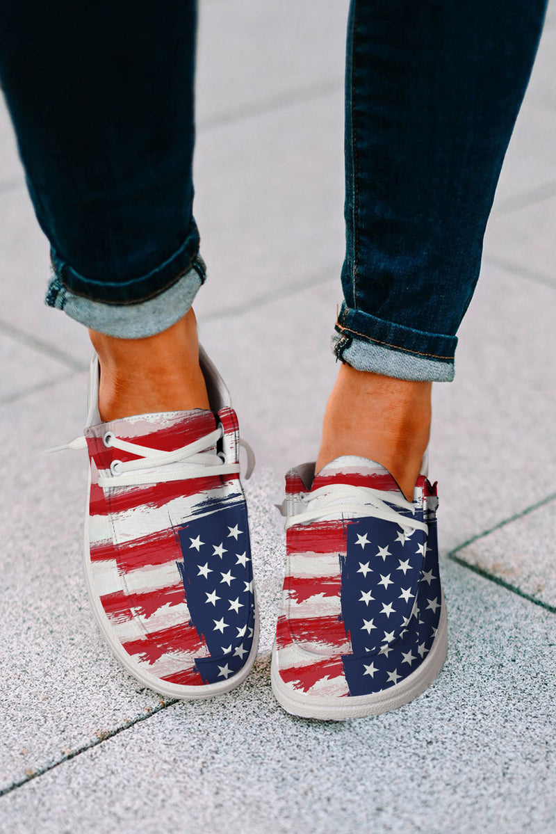 Red Fourth of July Flag Pattern Lace-up Flat Shoes