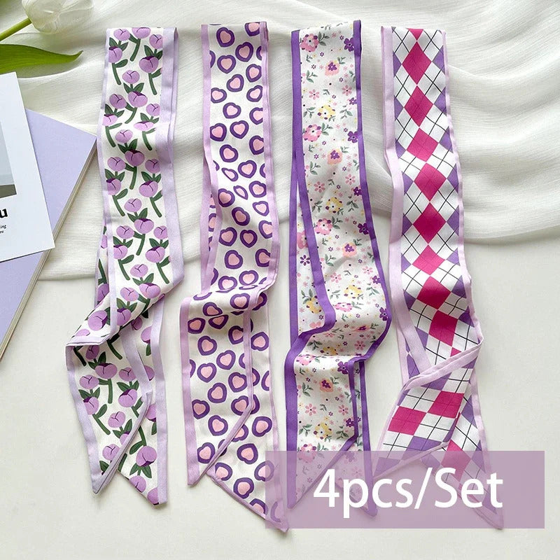 4pcs/set Series Silk Satin Scarf Women Cloth Hair Bands Headdress Accessories Lady Scarves Ribbon Neck Ties for Bag Handle