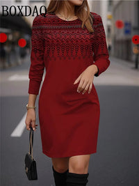 Female Dress 2024 Autumn Winter New Vintage Ethnic Style Long Sleeve O-Neck Print Dress Fashion Casual Loose Dress Women Clothes