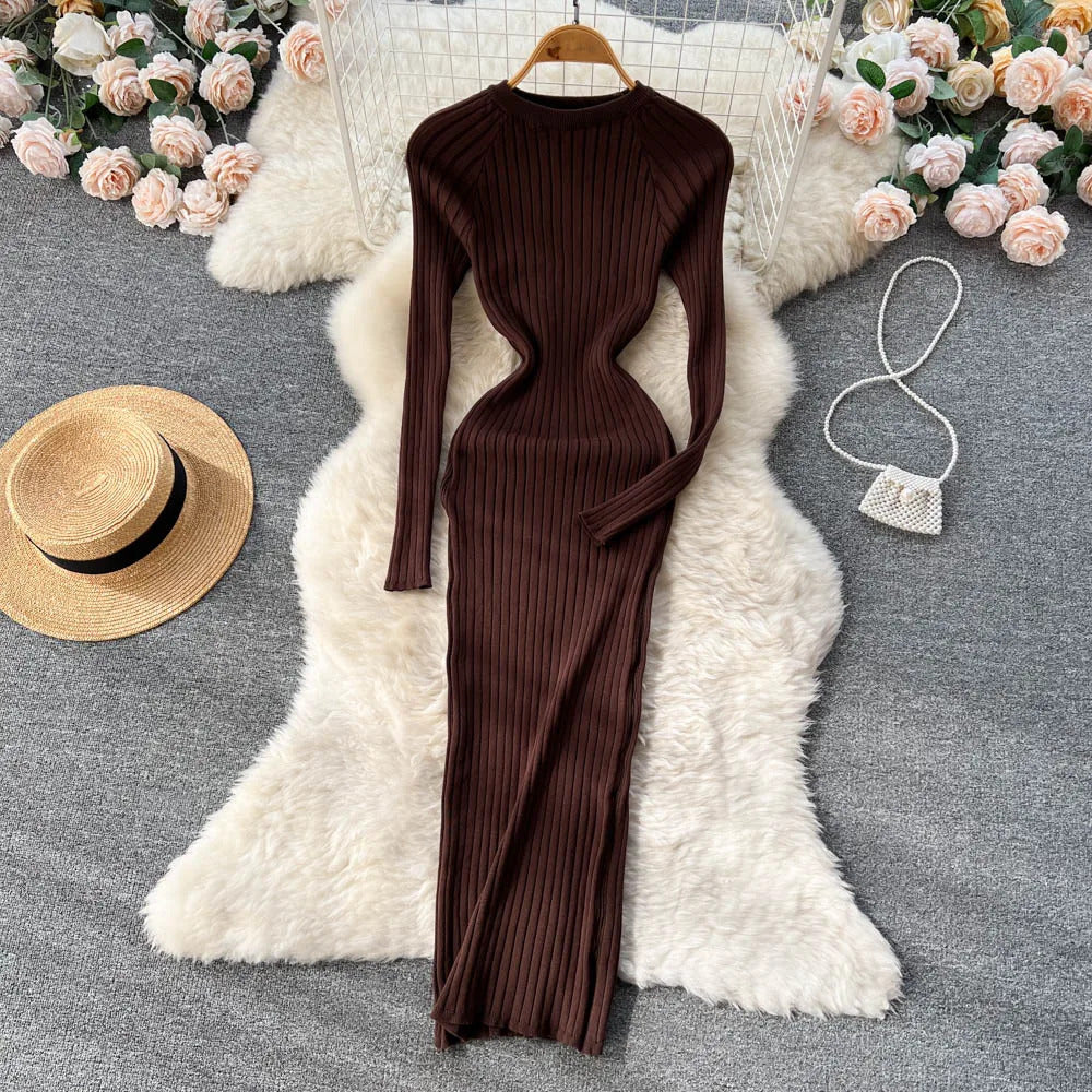 SINGREINY Winter Women Knit Maxi Dress O Neck Autumn Long Sleeve Slim Solid Harajuku Ladies Fashion Pencil Sweater Long Dresses