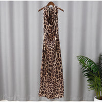 Sexy Leopard Printed Dangling Hatler Women's Dress Fashion Backless Sleevelss Pleated Maxi Dresses 2024 Lady Evening Party Robes