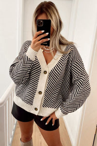 Black Zig Zag Stripe Buttoned Sweater Cardigan