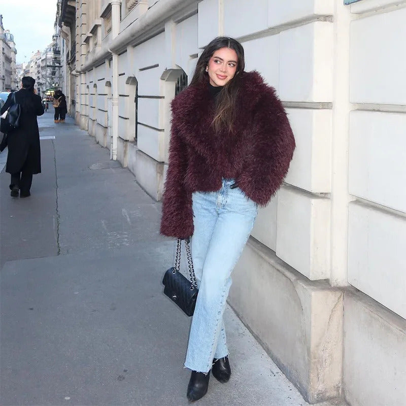 Luxury Brown Women's Fluffy Faux Fur Warm Short Coat Chic Lapel Collar Long Sleeve Furry Jacket Winter 2024 Lady High Streetwear