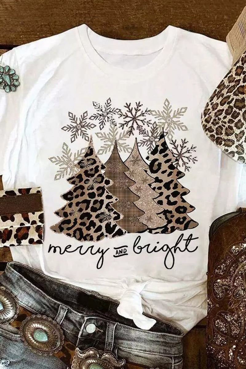 Black Leopard Christmas Tree Graphic Crew Neck T Shirt