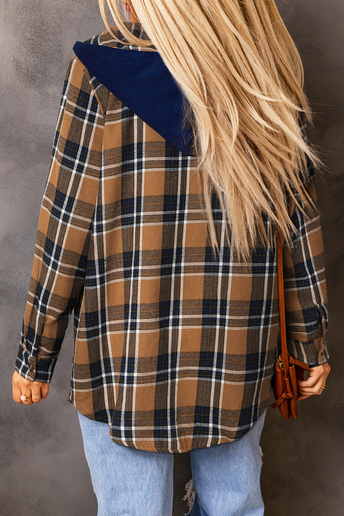 Bluing Contrast Hooded Drawstring Plaid Shacket