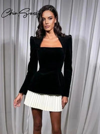 Urban Velvet Spliced Mini Dress Women Pleated Square Neck Long Sleeve Female Dreses 2024 Autumn Winter Lady Evening Party Wear