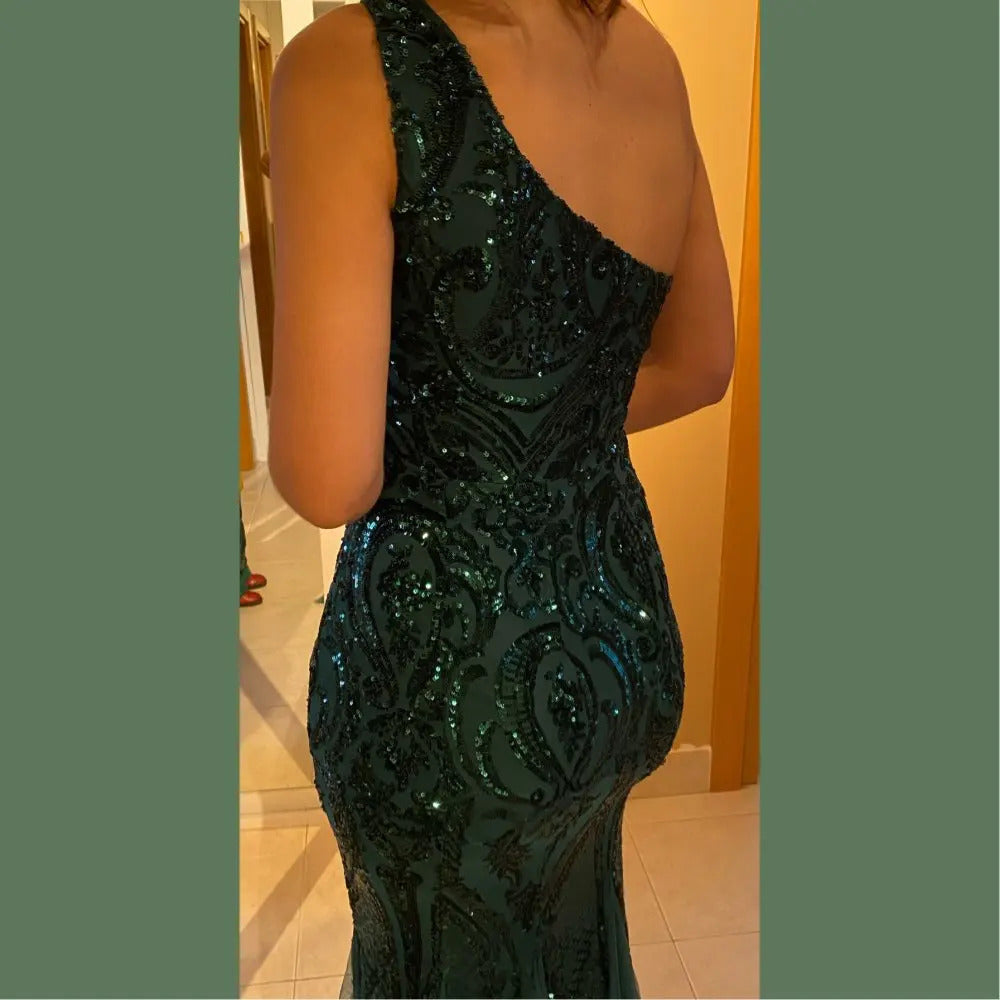 One Shoulder Emerald Evening Dresses Green Sequined Long Mermaid Prom Gown Glitter Elegant Party Dress Pattern Lace Formal Dress