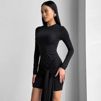 Hugcitar 2024 Fashion Solid Long Sleeve Bandage Ruched Sexy Bodycon Mini Dress Autumn Women Y2K Outfits Evening Party Festival