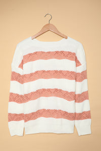 White Striped Colorblock Knit Sweater