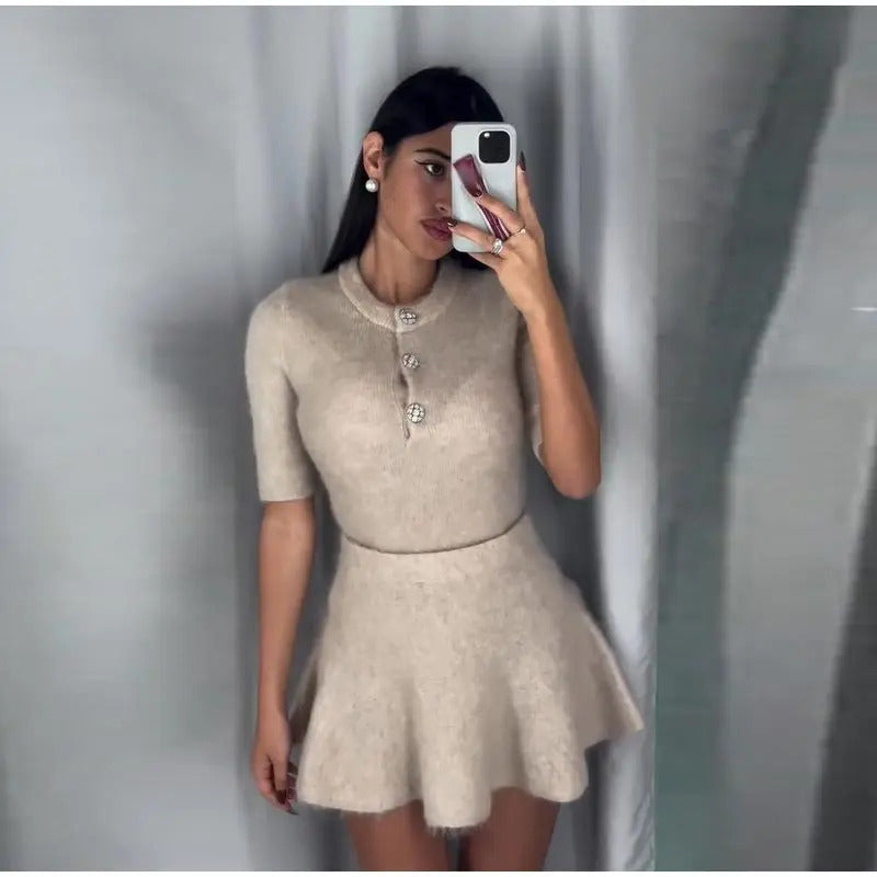 2024 Elegant Solid High Waist Cashmere Skirt 2 Piece Set Women Fashion Buttons Short Sleeve O-neck Pullover Suit Lady Partywear