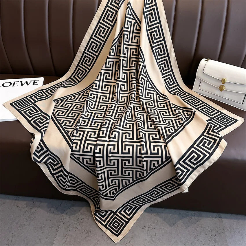 New Fashion Luxury Printing 90*90CM Women Scarf Satin Twill Square Big Shawl Elegant Headscarf Beach Sun Protection Bandana