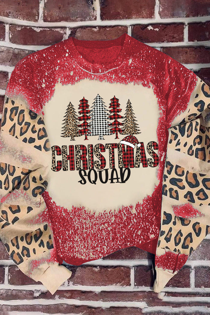 Fiery Red Christmas Tree Leopard Bleached Print Pullover Sweatshirt