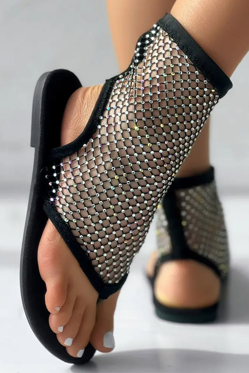 Black Hollowed Rhinestone Stud Clip Toe Sandals