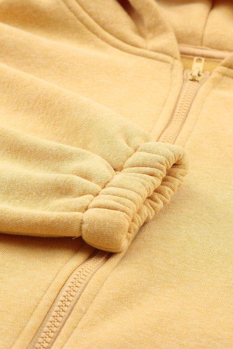 Yellow Zip Closure Drawstring Cinched Cropped Hoodie