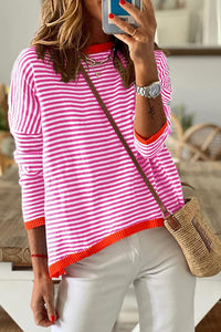 Pink Contrast Trimmed Striped Drop Shoulder Sweater