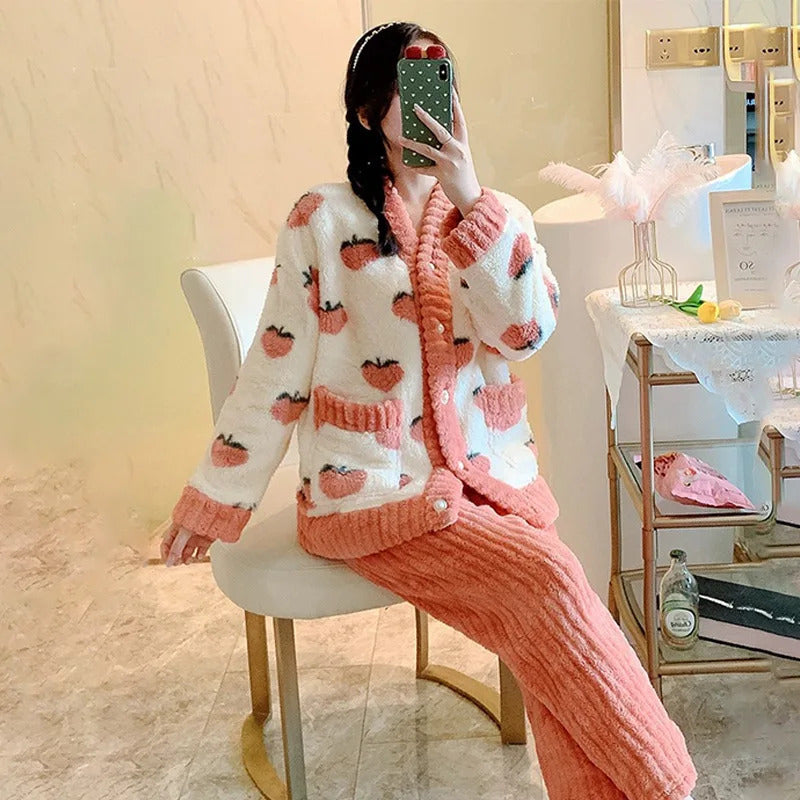 Padded and Thickened Warm Flannel Women Pajamas Loungewear Winter Peach Sleepwear Homewear Coral Velvet Two-Piece Set Nightwear