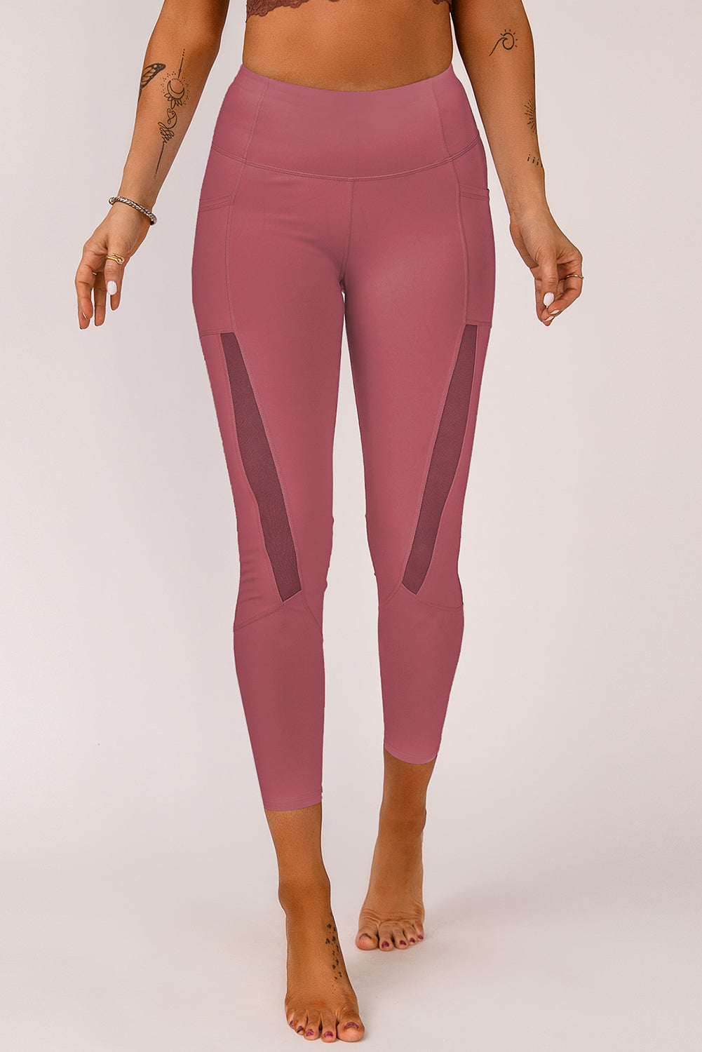 Pink Mesh Side Splicing High Waist Yoga Sports Leggings with Phone Pocket